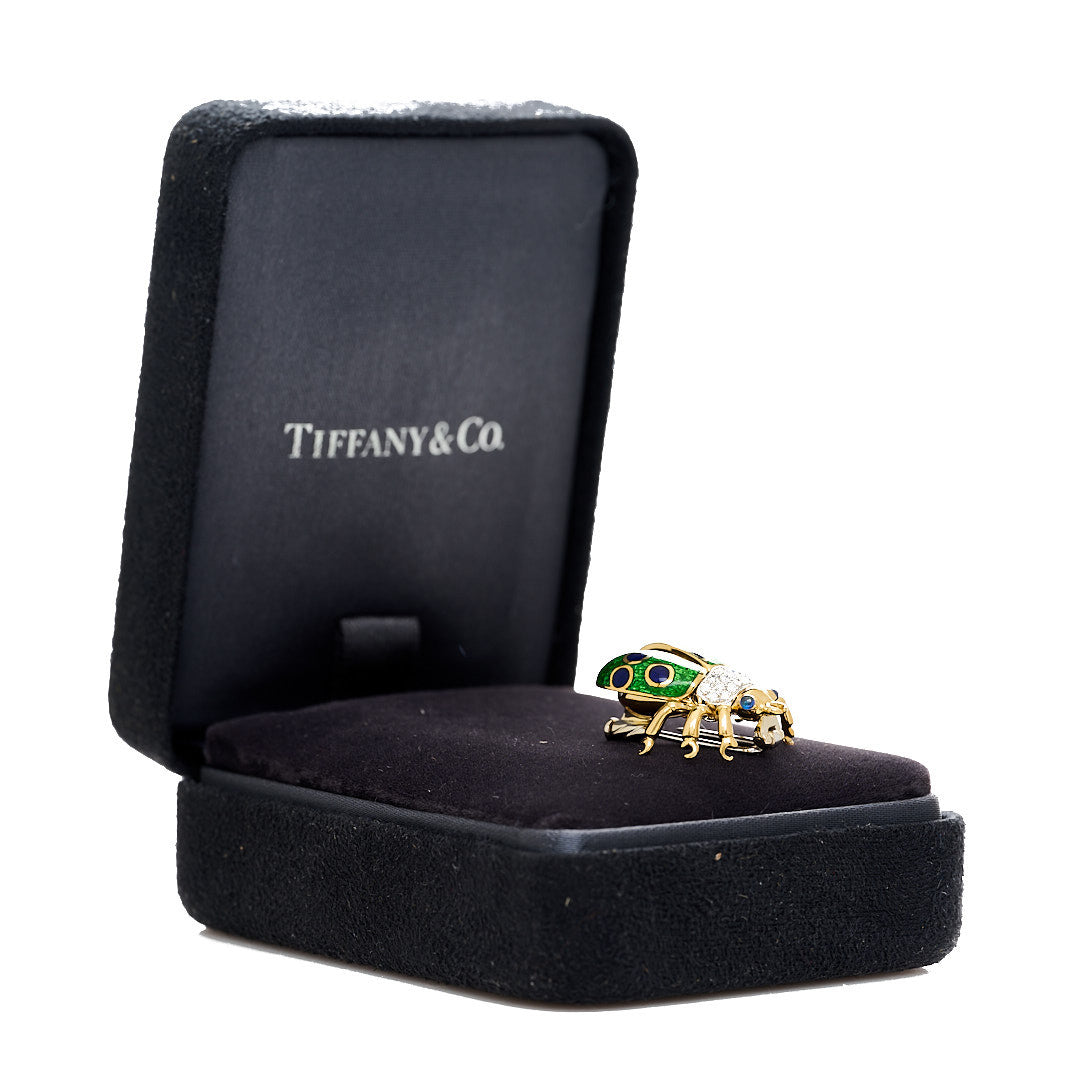 Tiffany 18K Yellow White Gold Diamond Enamel Ladybug Brooch Pin Green 6 of 6