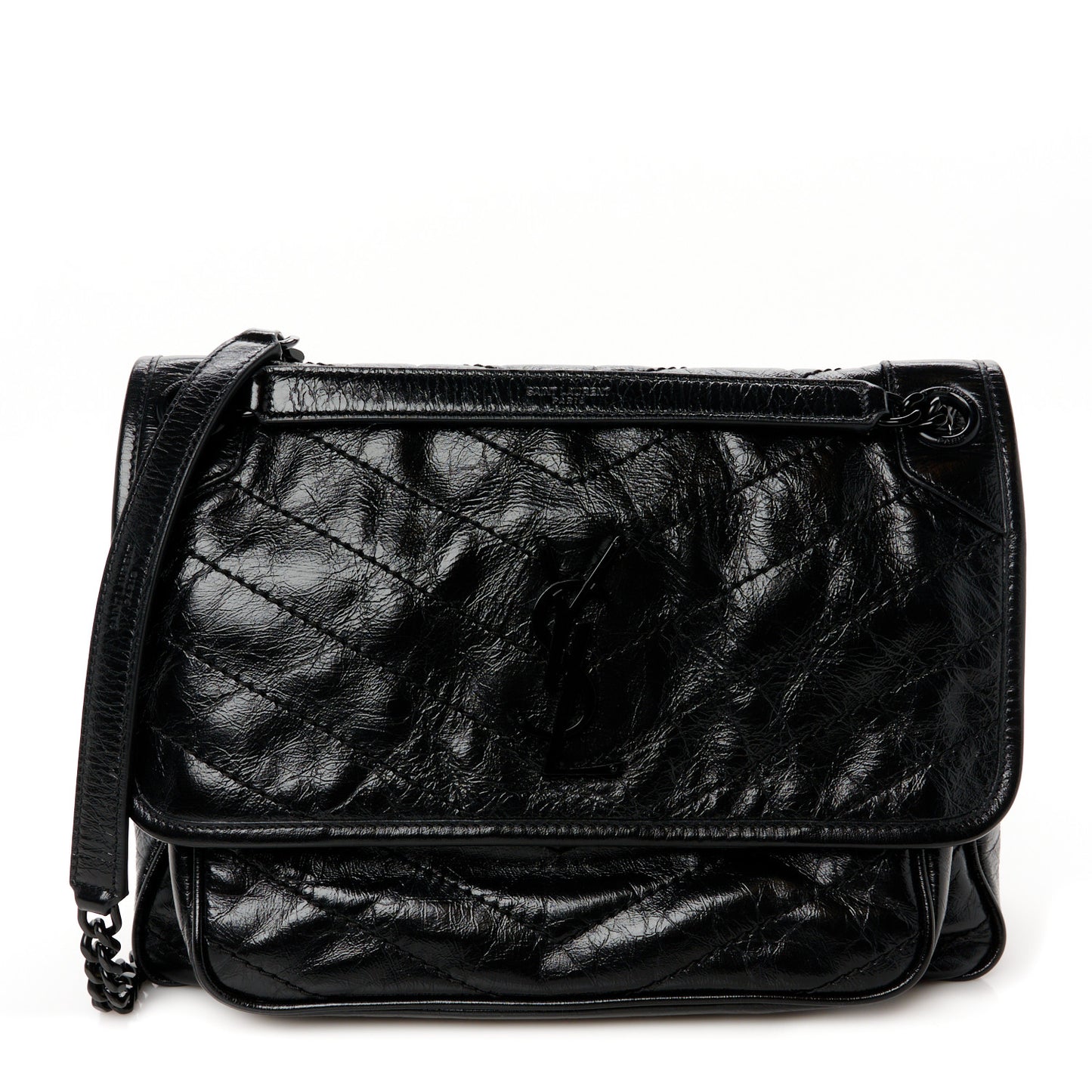 Crinkled Calfskin Matelasse Monogram Medium Niki Chain Satchel Black