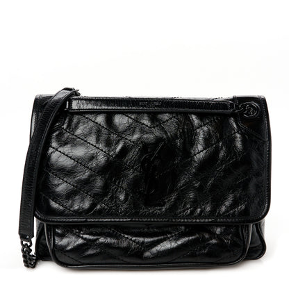 Saint Laurent Crinkled Calfskin Matelasse Monogram Medium Niki Chain Satchel Black 1 of 10