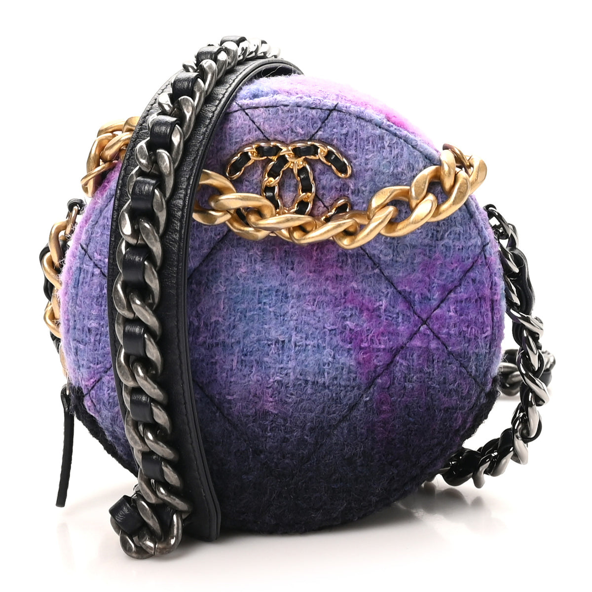 Wool Tweed Chanel 19 Round Clutch With Chain Purple Black Blue