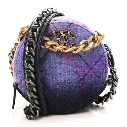 Chanel Wool Tweed Chanel 19 Round Clutch With Chain Purple Black Blue 1 of 9