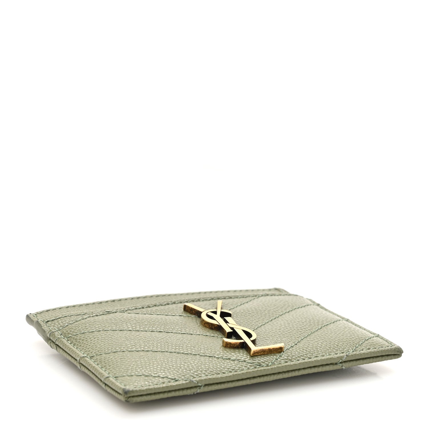 Saint Laurent Grain De Poudre Matelasse Chevron Monogram Credit Card Case Light Sage 4 of 12