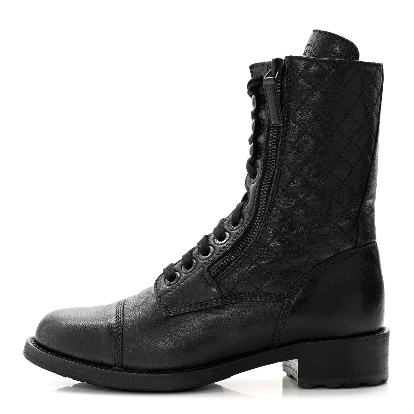 Sheepskin Quilted CC Tall Lace Up Combat Boots 37.5 Black