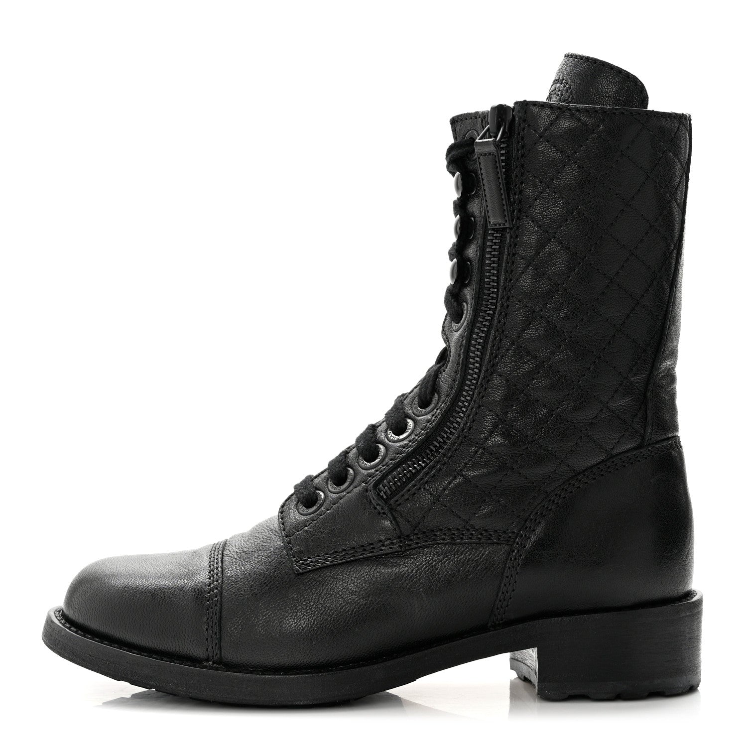 Chanel Sheepskin Quilted CC Tall Lace Up Combat Boots 37.5 Black 1 of 9