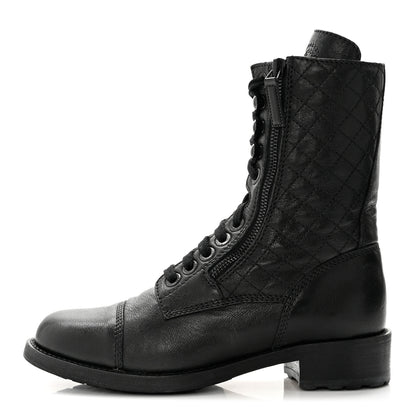Chanel Sheepskin Quilted CC Tall Lace Up Combat Boots 37.5 Black 1 of 9