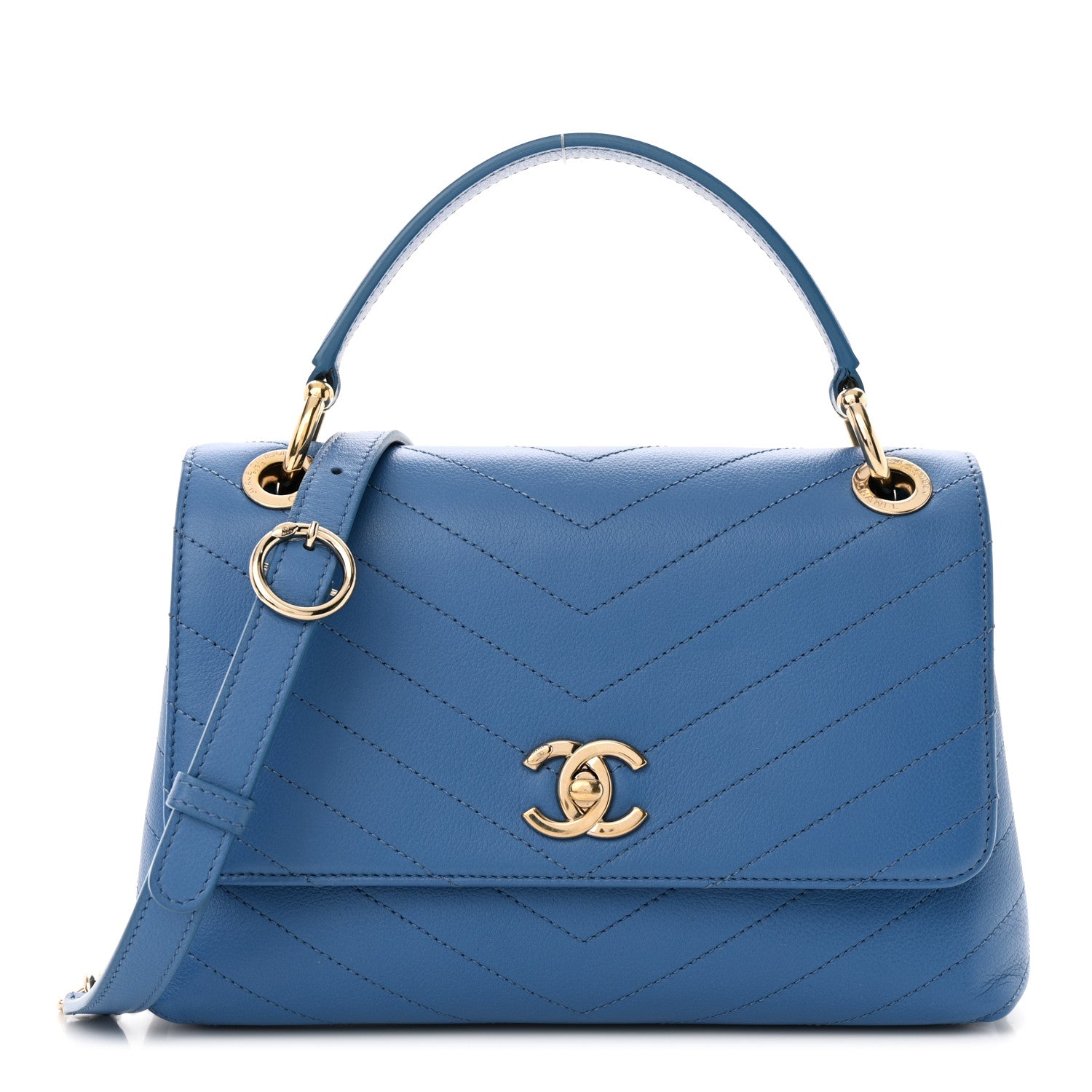 Chanel Grained Calfskin Small Chevron Chic Top Handle Flap Blue 1 of 13