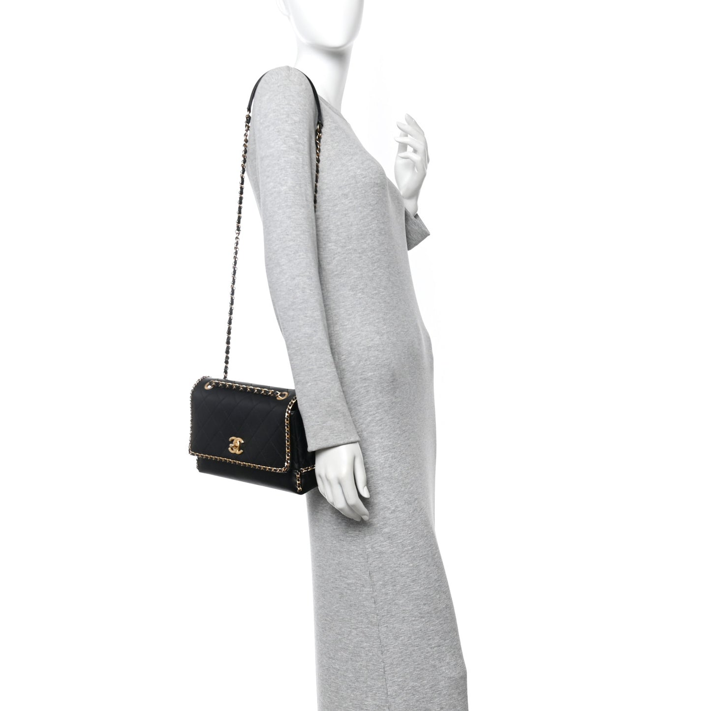 Calfskin Stitched Chain Flap Black