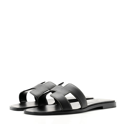 Hermes Box Calfskin Oran Sandals 37 Black 3 of 9