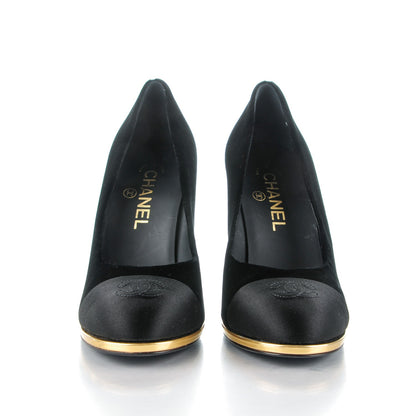 Chanel Velvet Satin Cap Toe Pearl Pumps 37 Black 2 of 8