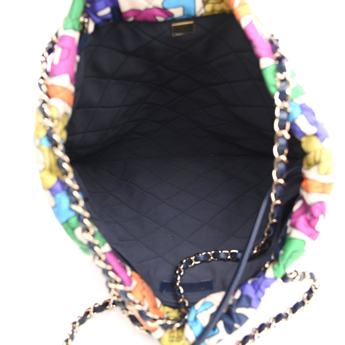 Printed Fabric Quilted Logo Large Shopping Tote Multicolor