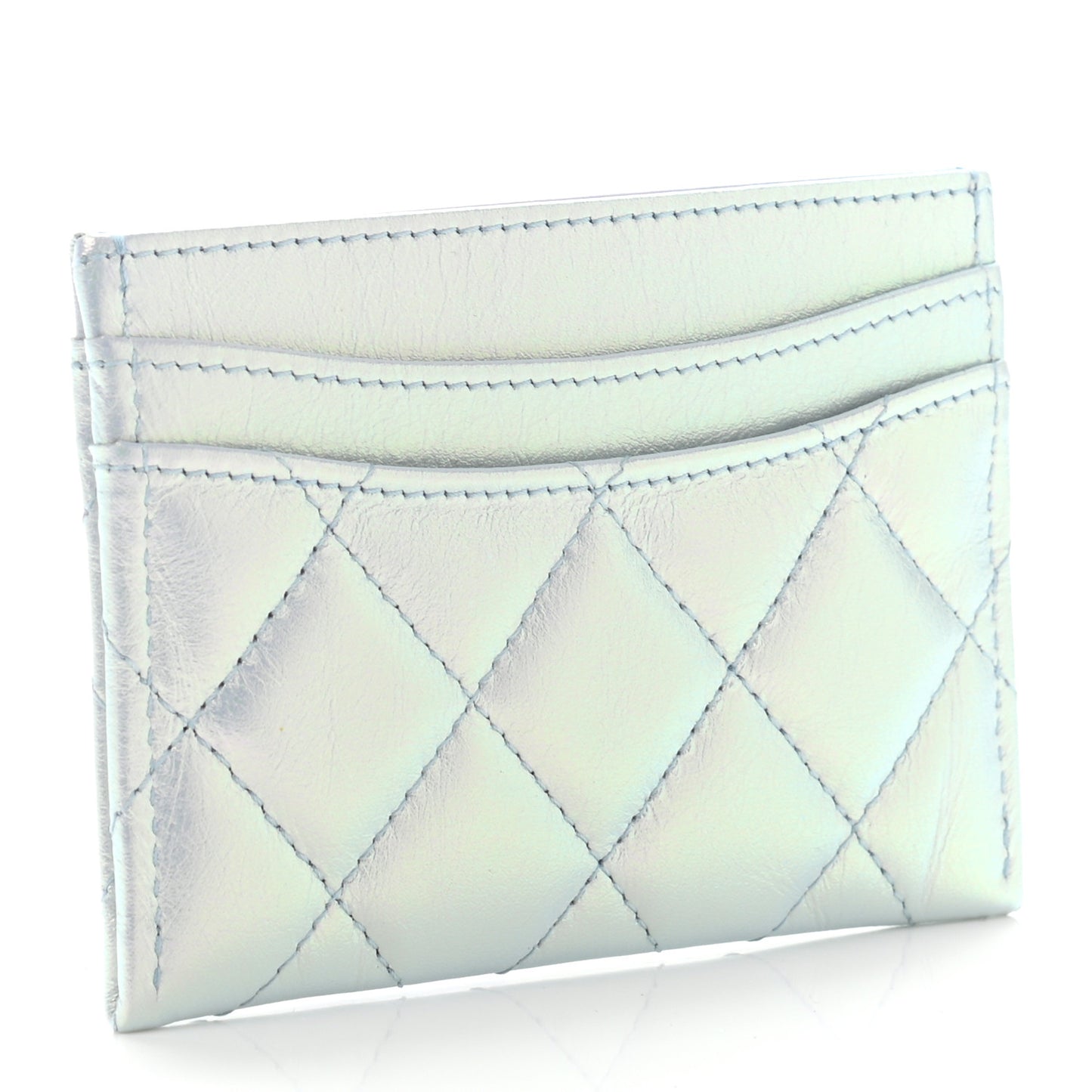 Iridescent Calfskin Quilted Card Holder Light Blue