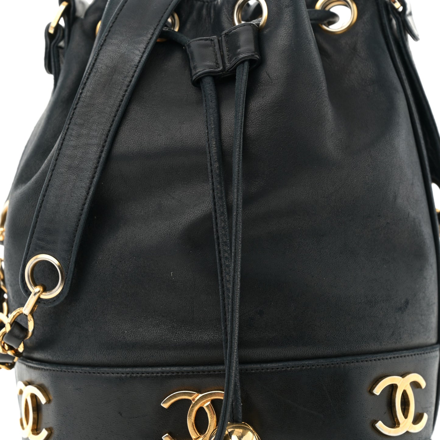 Lambskin CC Drawstring Shoulder Bag Black