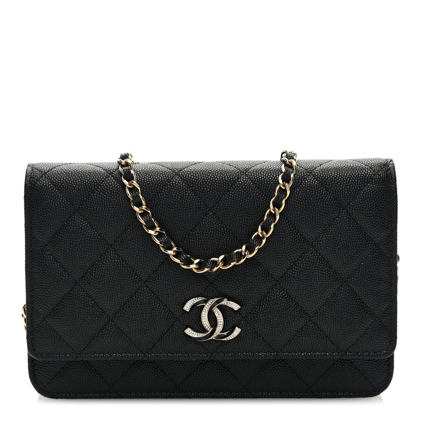 Caviar Quilted Crystal Enamel CC Wallet On Chain WOC Black
