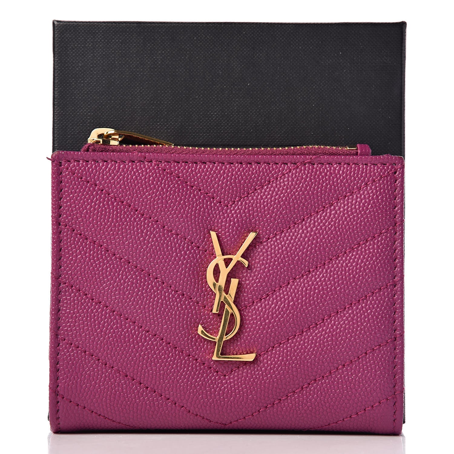 Saint Laurent Grain De Poudre Matelasse Chevron Monogram Zipped Card Case Dark Grape 9 of 9