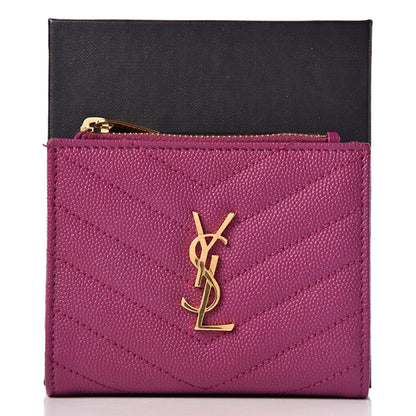 Saint Laurent Grain De Poudre Matelasse Chevron Monogram Zipped Card Case Dark Grape 9 of 9