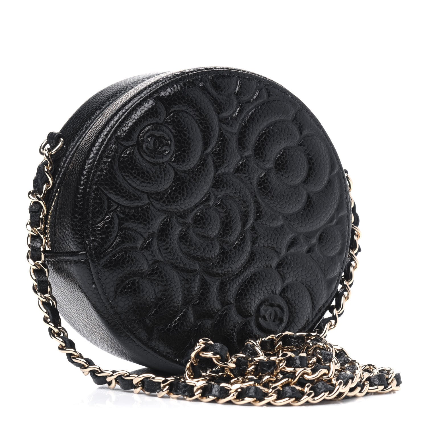Chanel Caviar Camellia Embossed Round Clutch With Chain Black 2 of 4