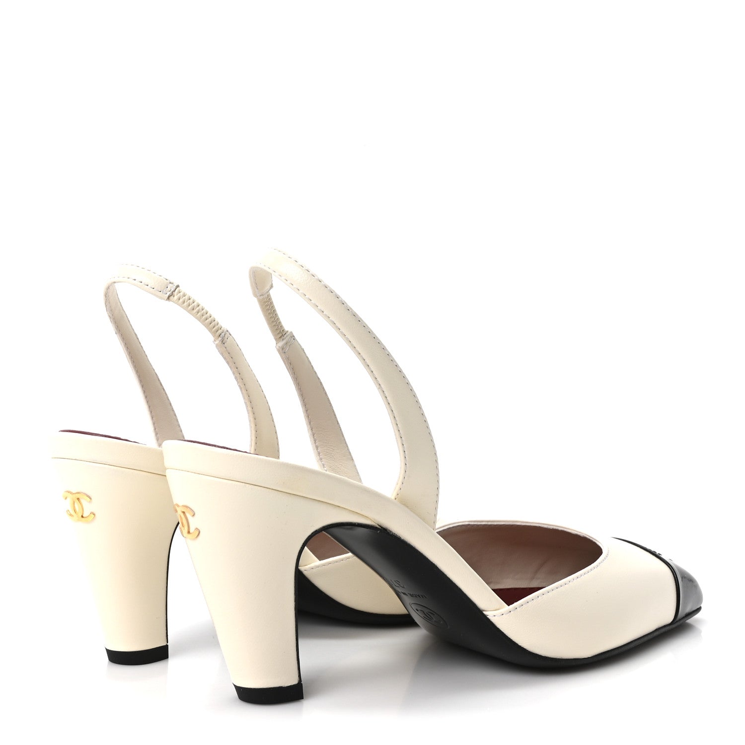 Chanel Lambskin Patent Calfskin Cap Toe CC Slingback Pumps 37.5 Ivory Black 5 of 10