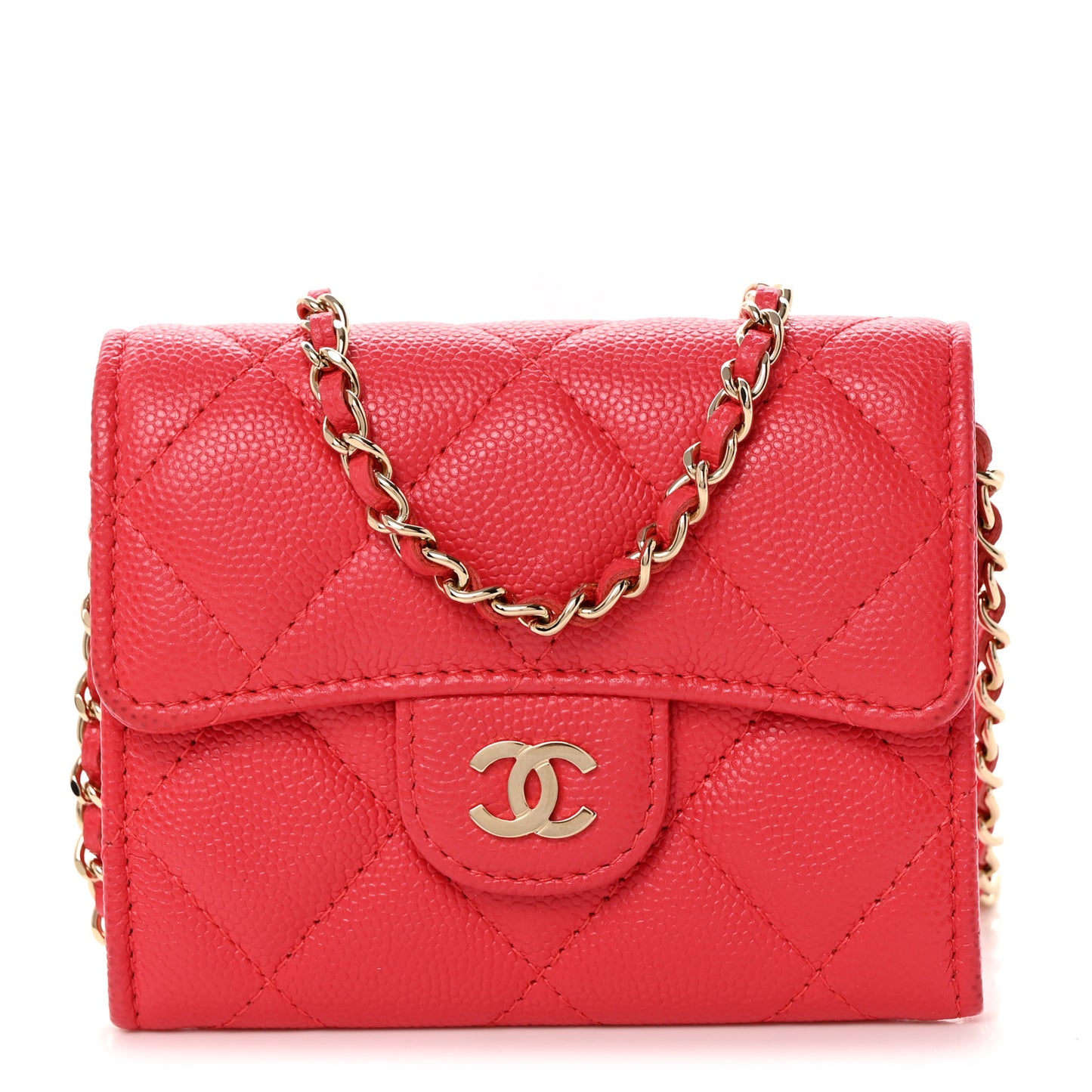 Caviar Quilted Flap Card Holder On Chain Dark Pink