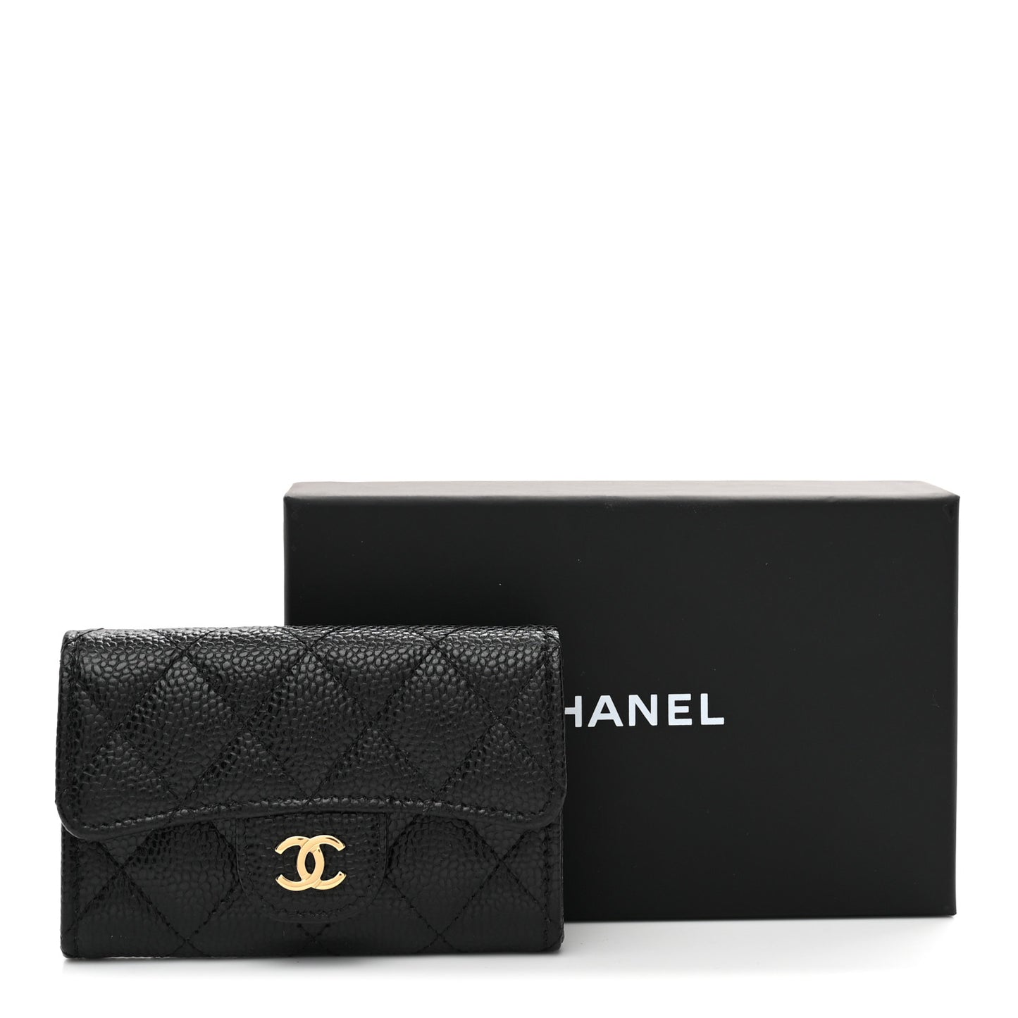 Caviar Quilted Flap Card Holder Wallet Black