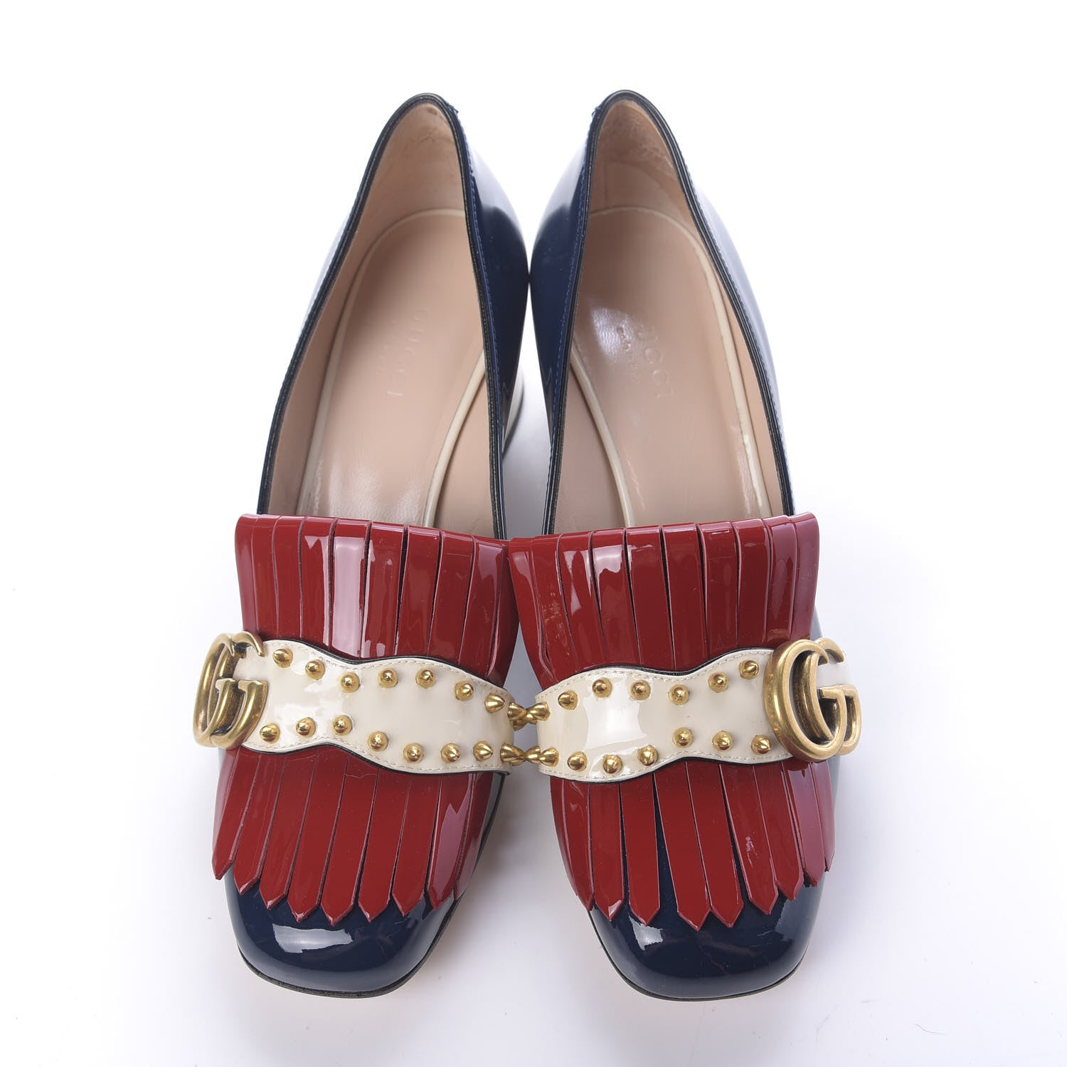Gucci Vernice Studded GG Marmont Fringe 50mm Loafer Pumps 36 Blue Agata Hibiscus Red Mystic White 6 of 12