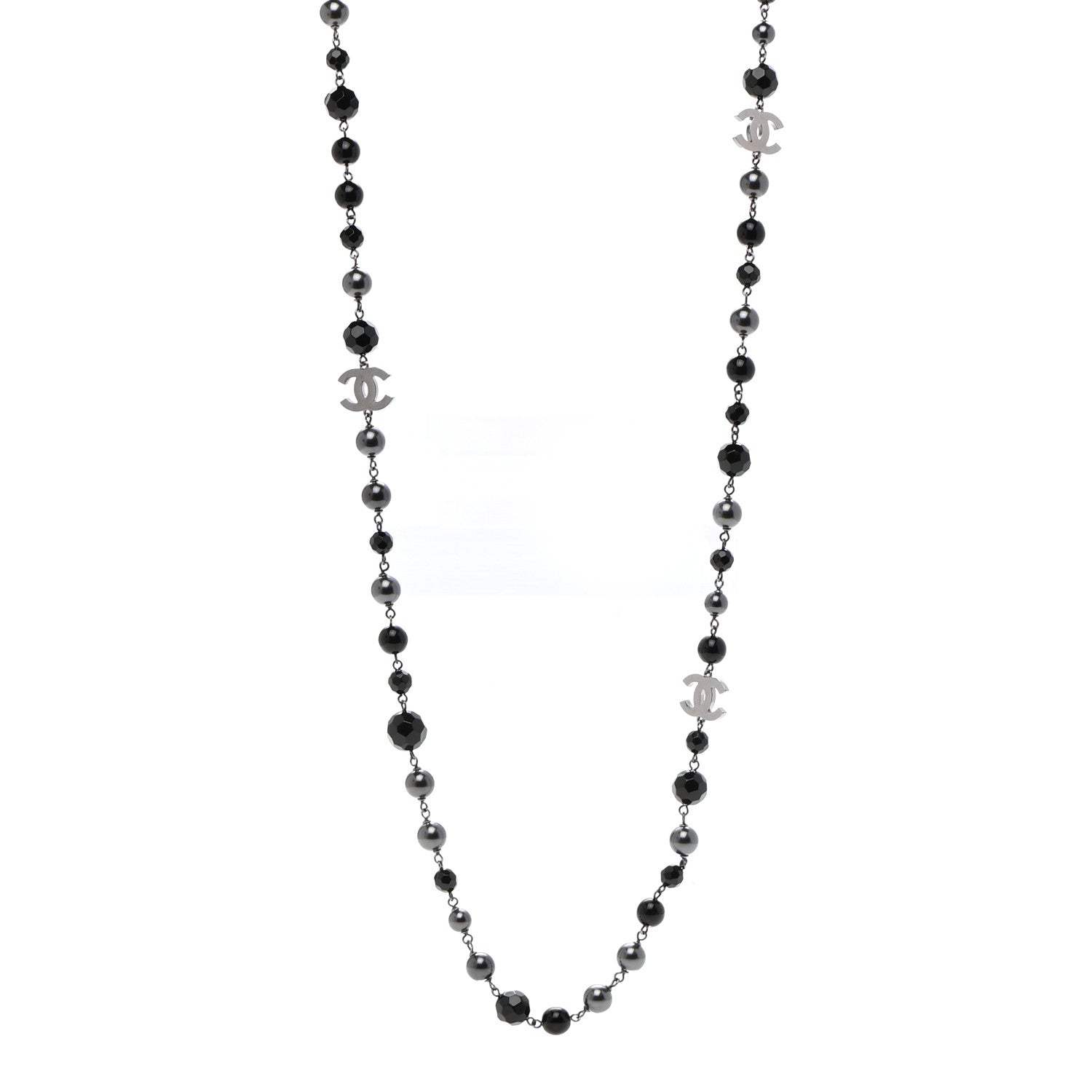 Chanel Pearl Bead Enamel CC Long Necklace Silver Black Grey 1 of 6