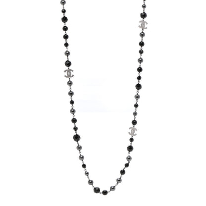 Chanel Pearl Bead Enamel CC Long Necklace Silver Black Grey 1 of 6