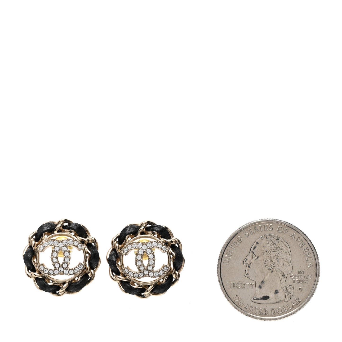 Crystal Lambskin Chain CC Stud Earrings Black Gold