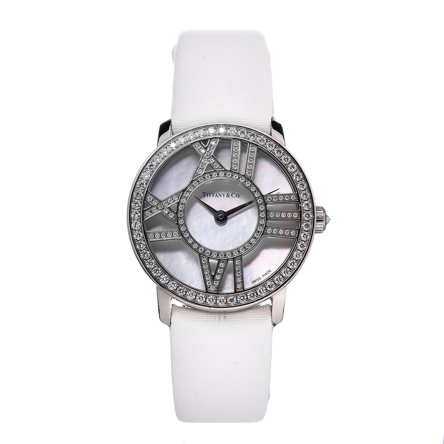 18K White Gold Satin Diamond Mother of Pearl 26mm Atlas Round Cocktail Quartz Watch