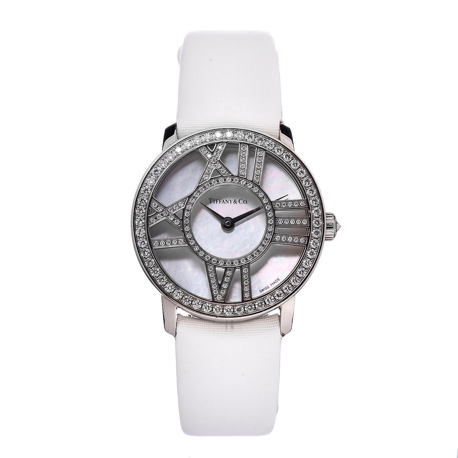 Tiffany 18K White Gold Satin Diamond Mother of Pearl 26mm Atlas Round Cocktail Quartz Watch 1 of 7