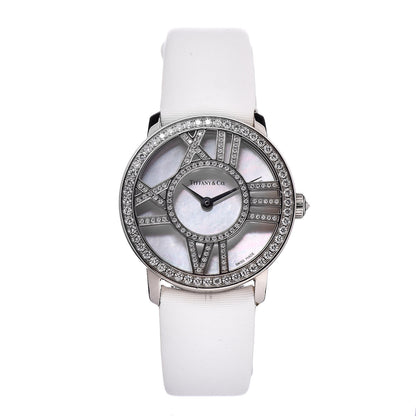 Tiffany 18K White Gold Satin Diamond Mother of Pearl 26mm Atlas Round Cocktail Quartz Watch 1 of 7