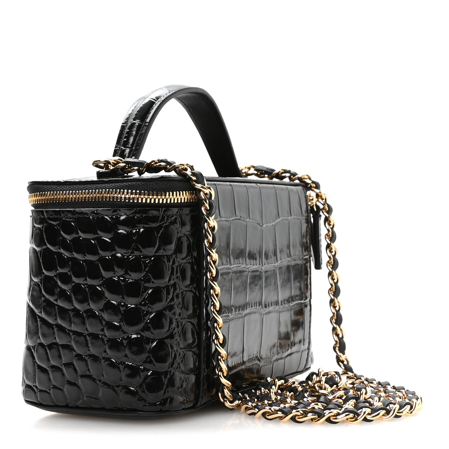 Chanel Calfskin Crocodile Embossed Exoticoco Small Top Handle Vanity Case With Chain Black 3 of 11