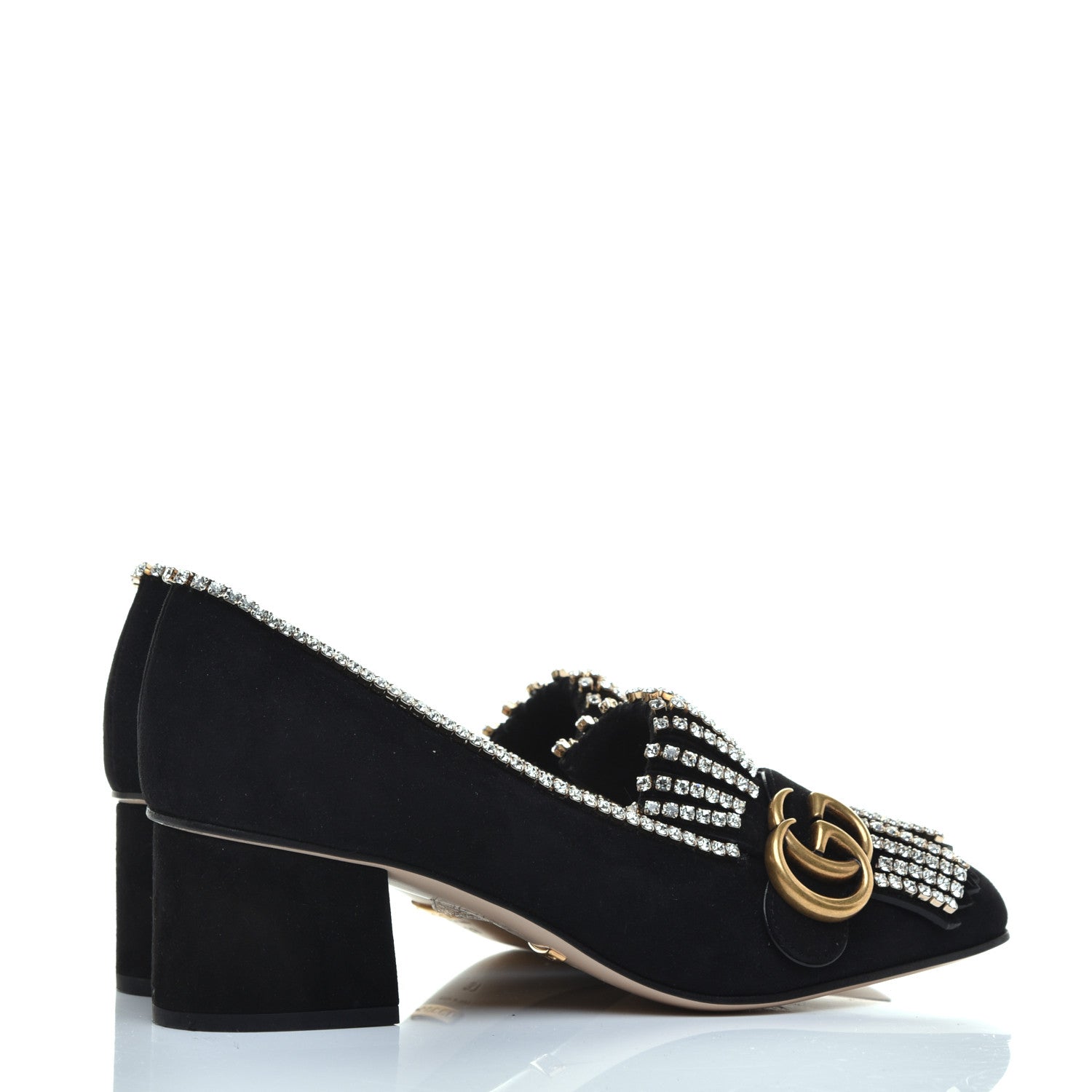 Gucci Kid Scamosciato Crystal GG Marmont Fringe 50mm Loafer Pumps 37 Black 4 of 9
