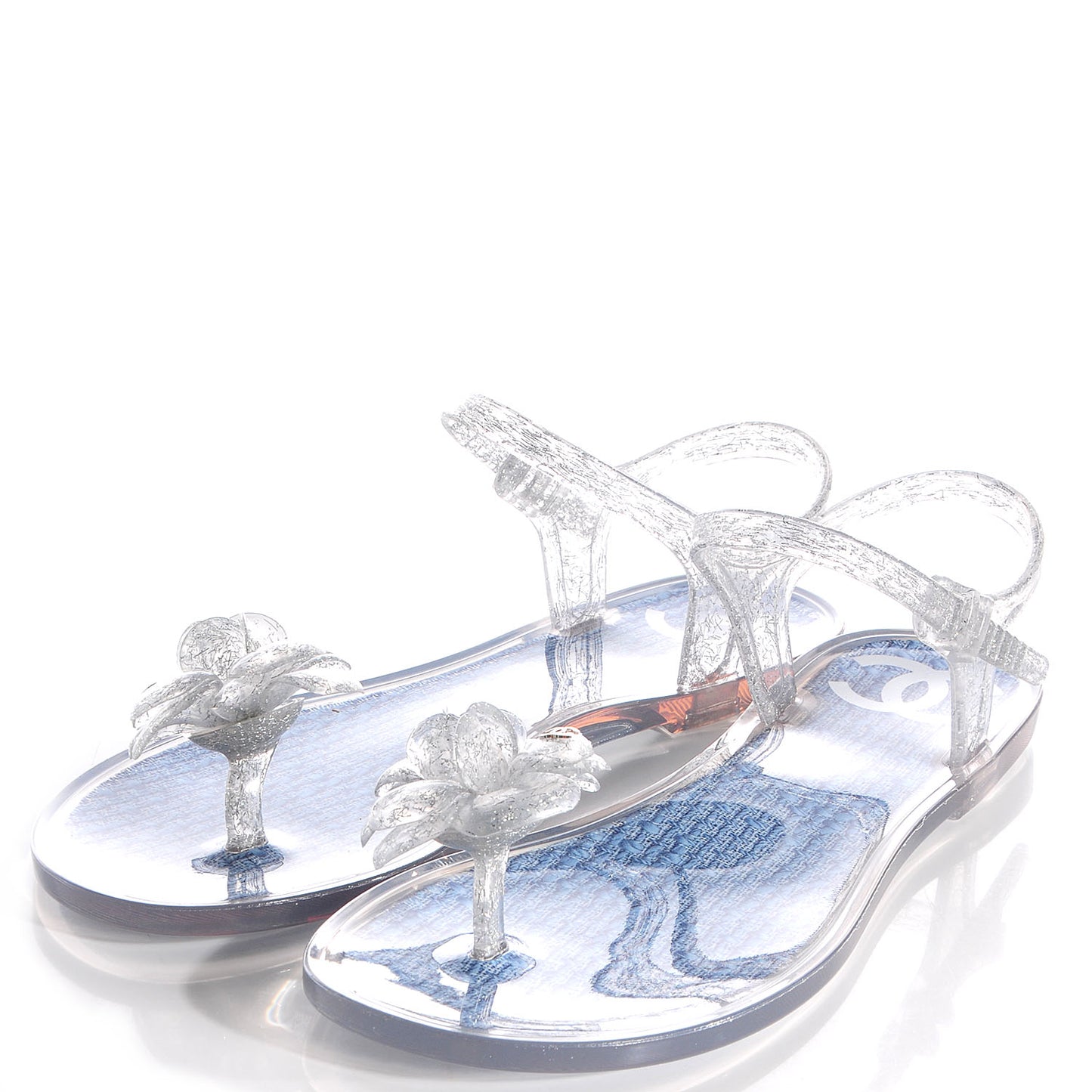 Jelly Tweed Camellia Glitter Thong Sandals 39 Blue Ecru