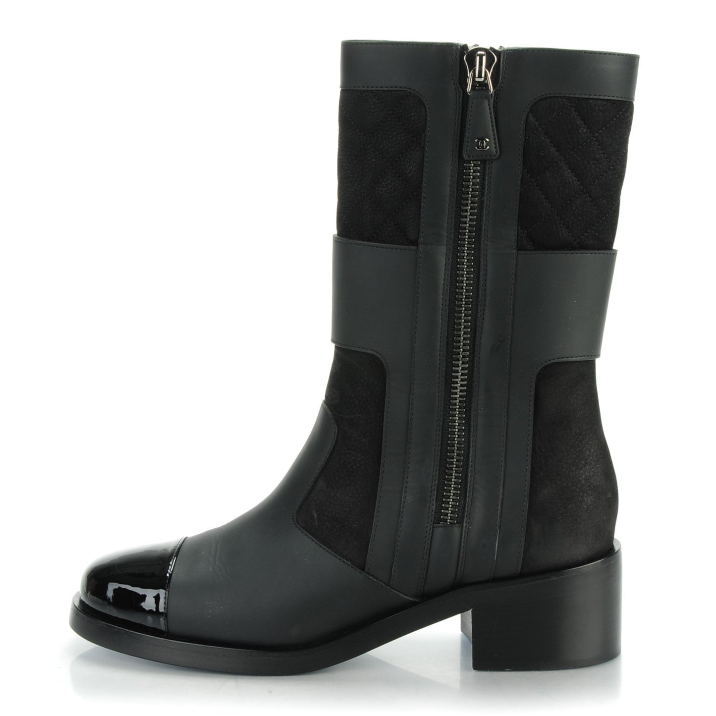 Calfskin Quilted Patent Cap Toe Boots 40 Black