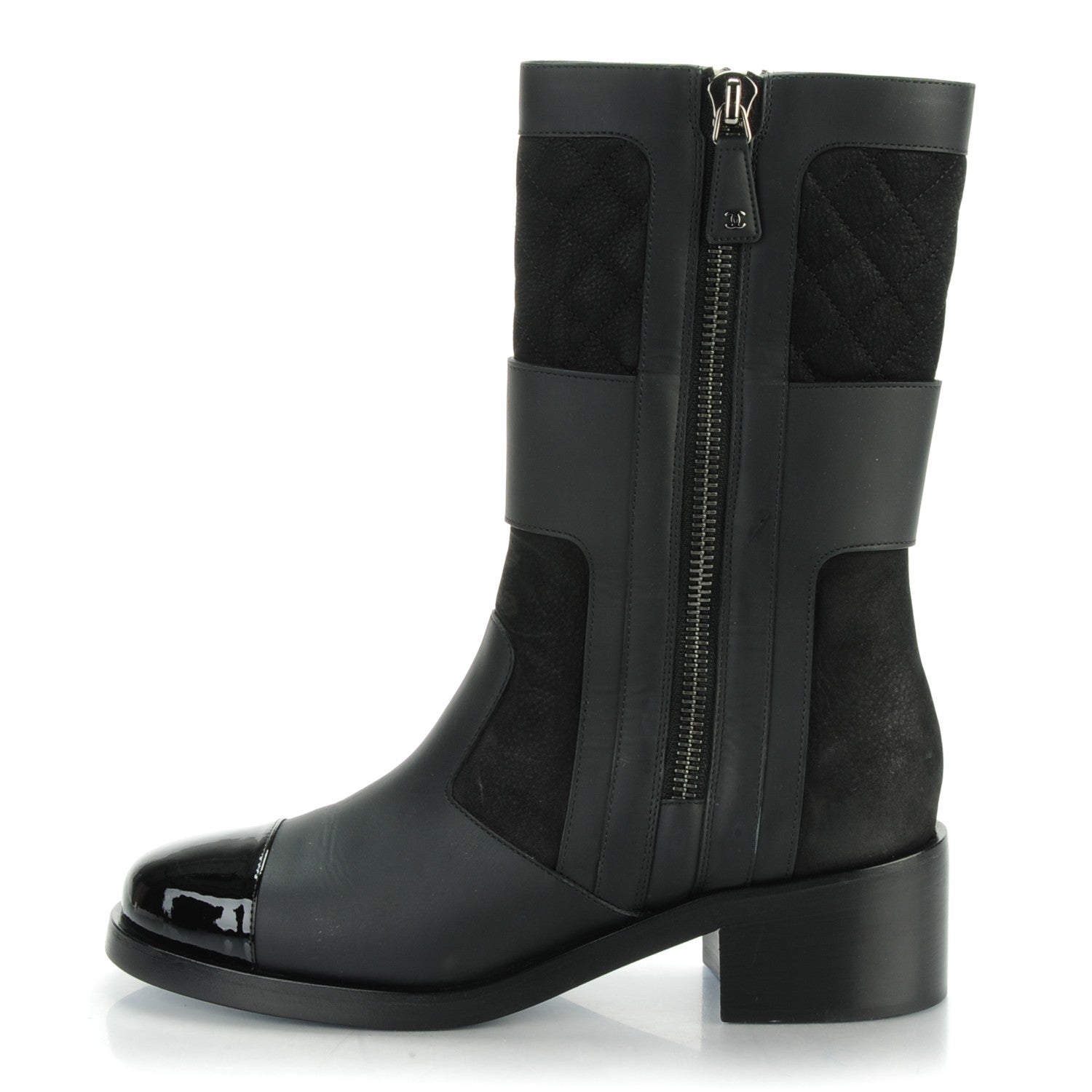 Chanel Calfskin Quilted Patent Cap Toe Boots 40 Black 1 of 8