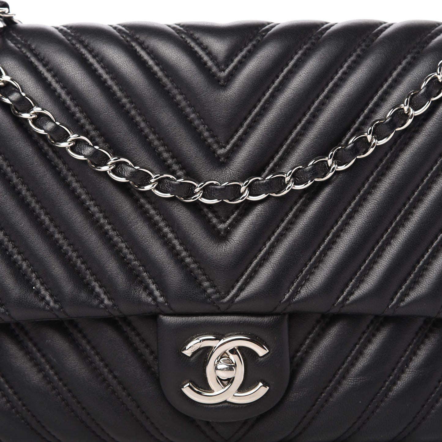 Lambskin Chevron Quilted Double Stitch Jumbo Single Flap Black