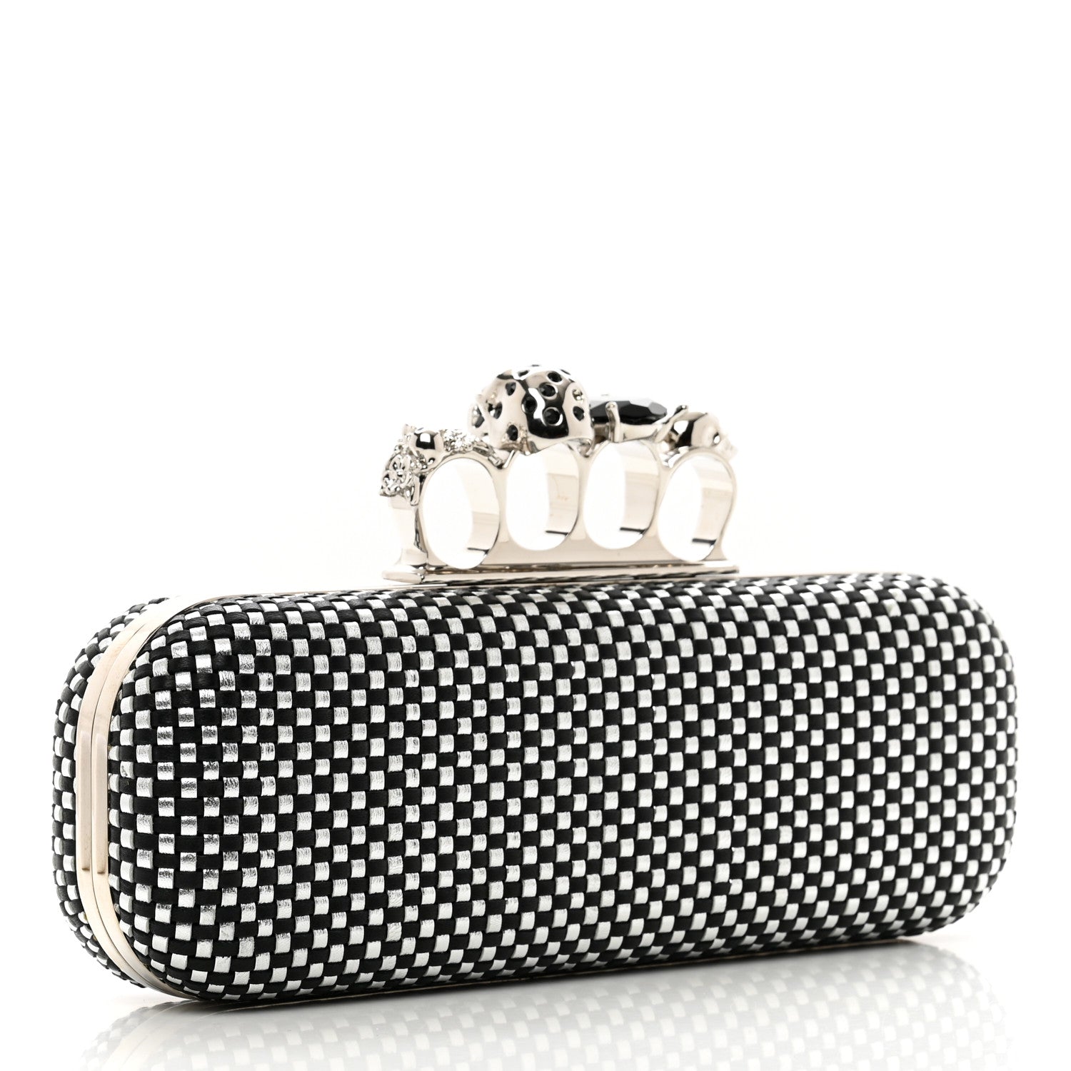 Alexander McQueen Woven Metallic Calfskin Skull Knuckle Box Clutch Silver Black 3 of 8