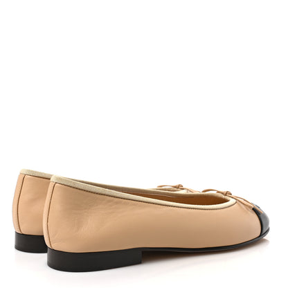 Chanel Lambskin Cap Toe CC Ballerina Flats 37.5 Beige Black 4 of 8