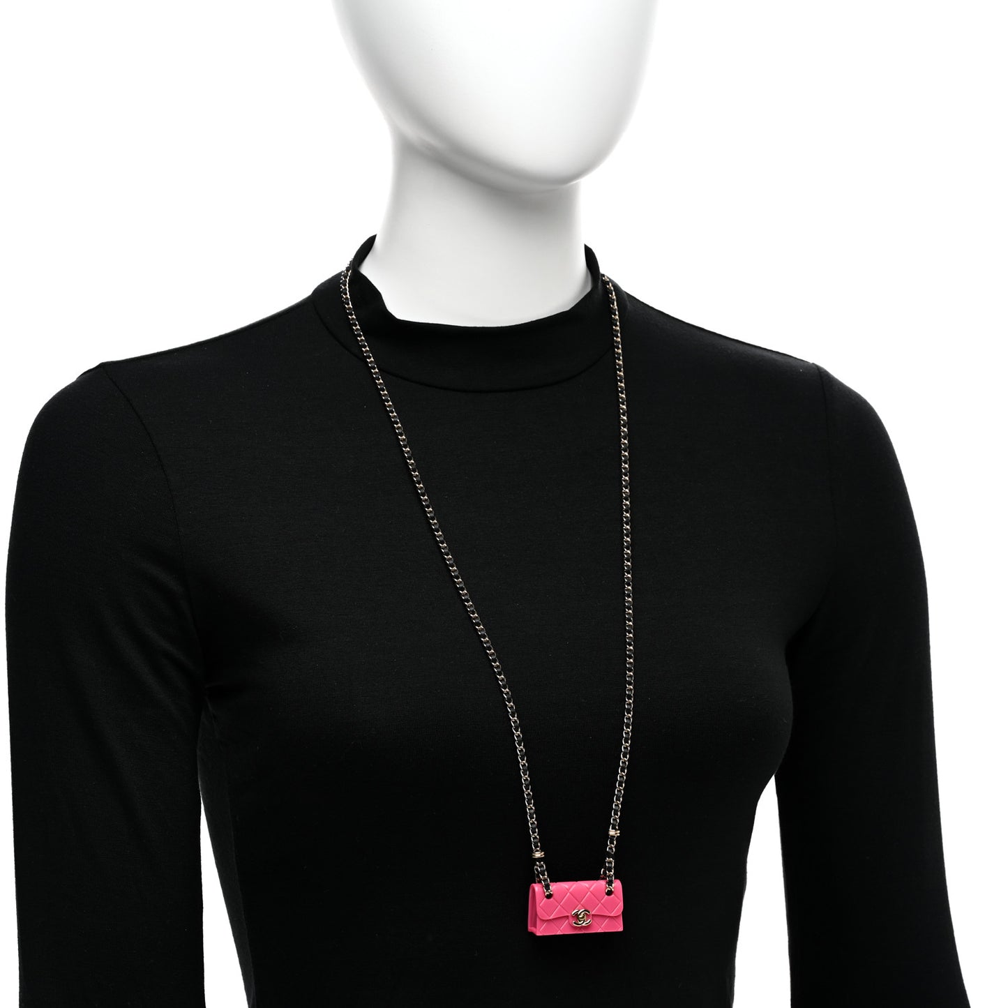 Metal Resin Lambskin Flap Bag Long Necklace Golden Pink Black