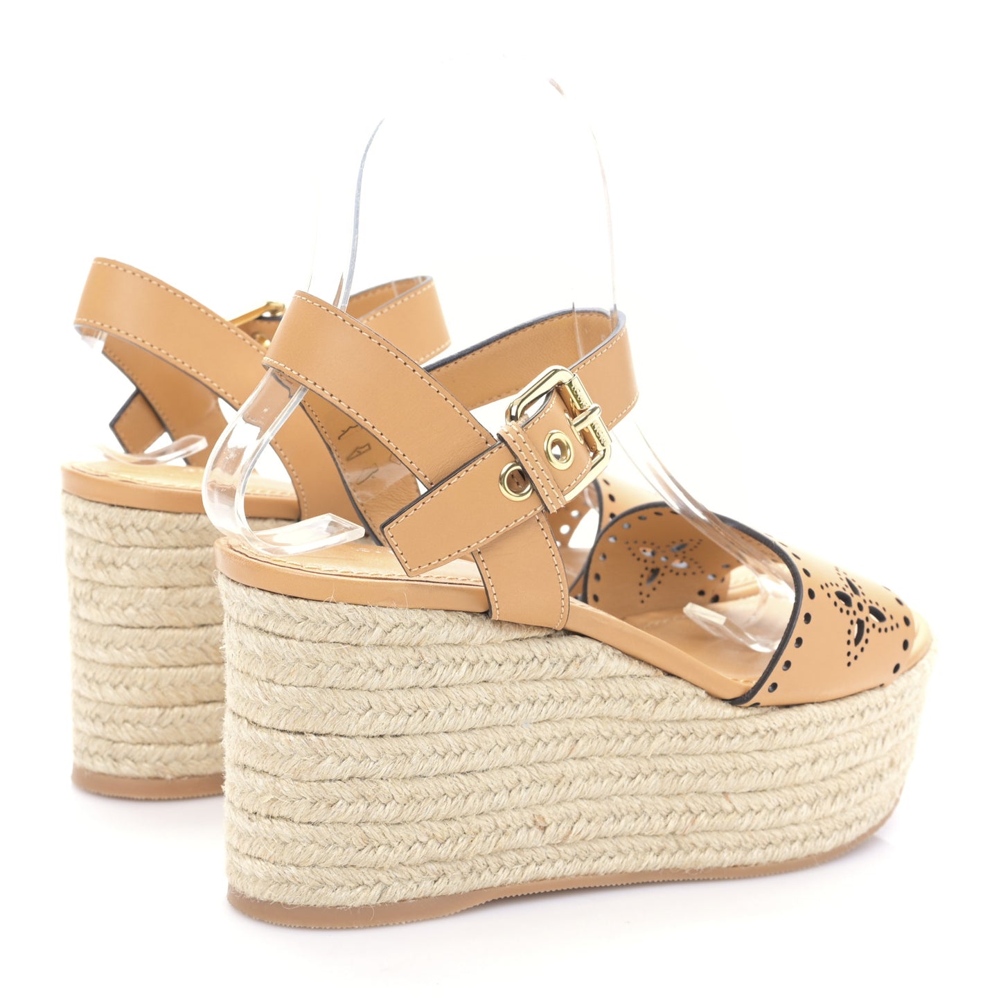 Calfskin Monogram Espadrille Wedge Sandals 37 Brown