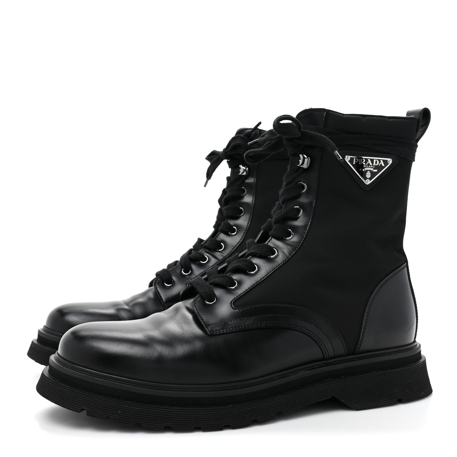 Prada Spazzolato Rois Re-Nylon Metal Triangle Logo Mens 40mm Combat Boots 9.5 Black 3 of 13