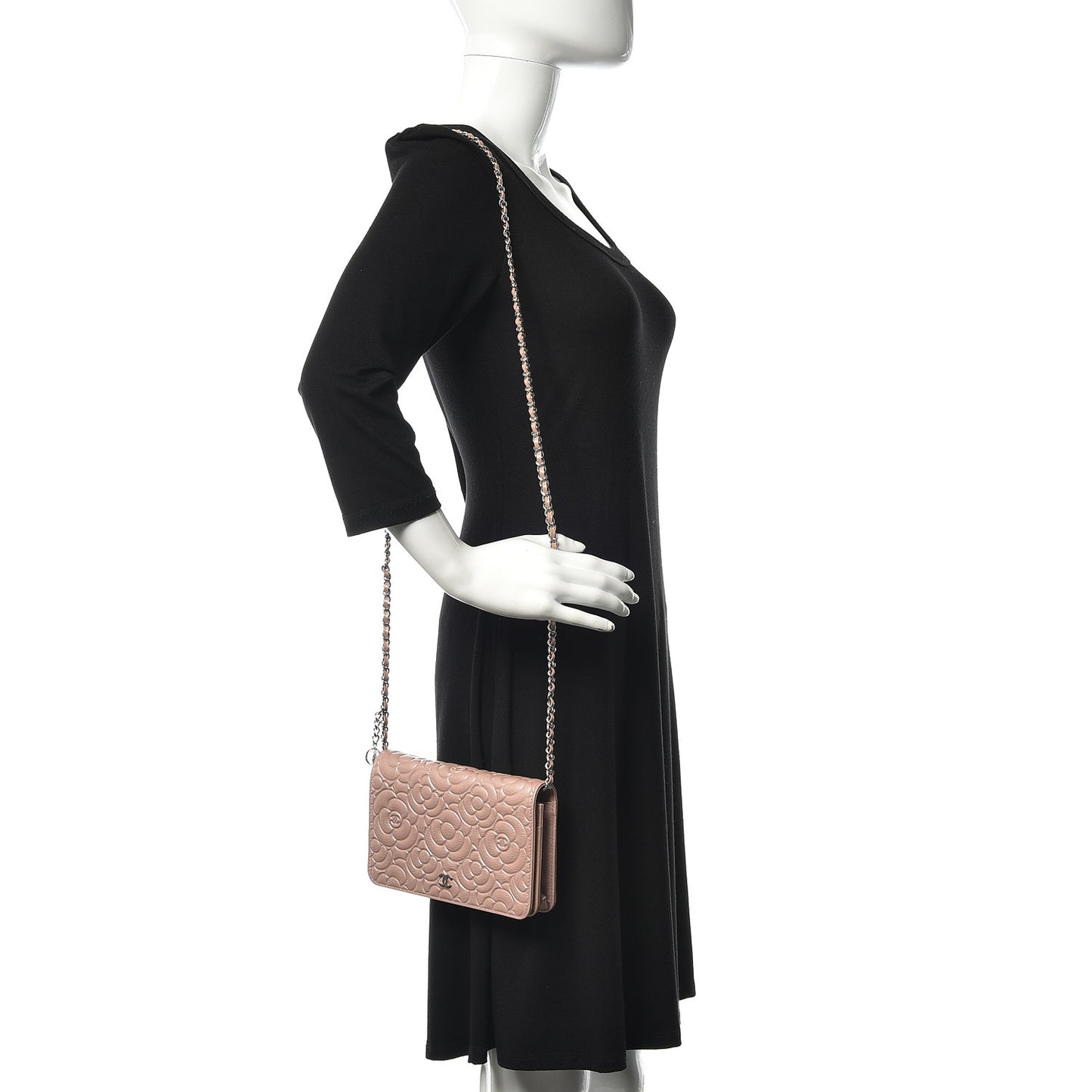 Goatskin Camellia Embossed Wallet On Chain WOC Light Pink