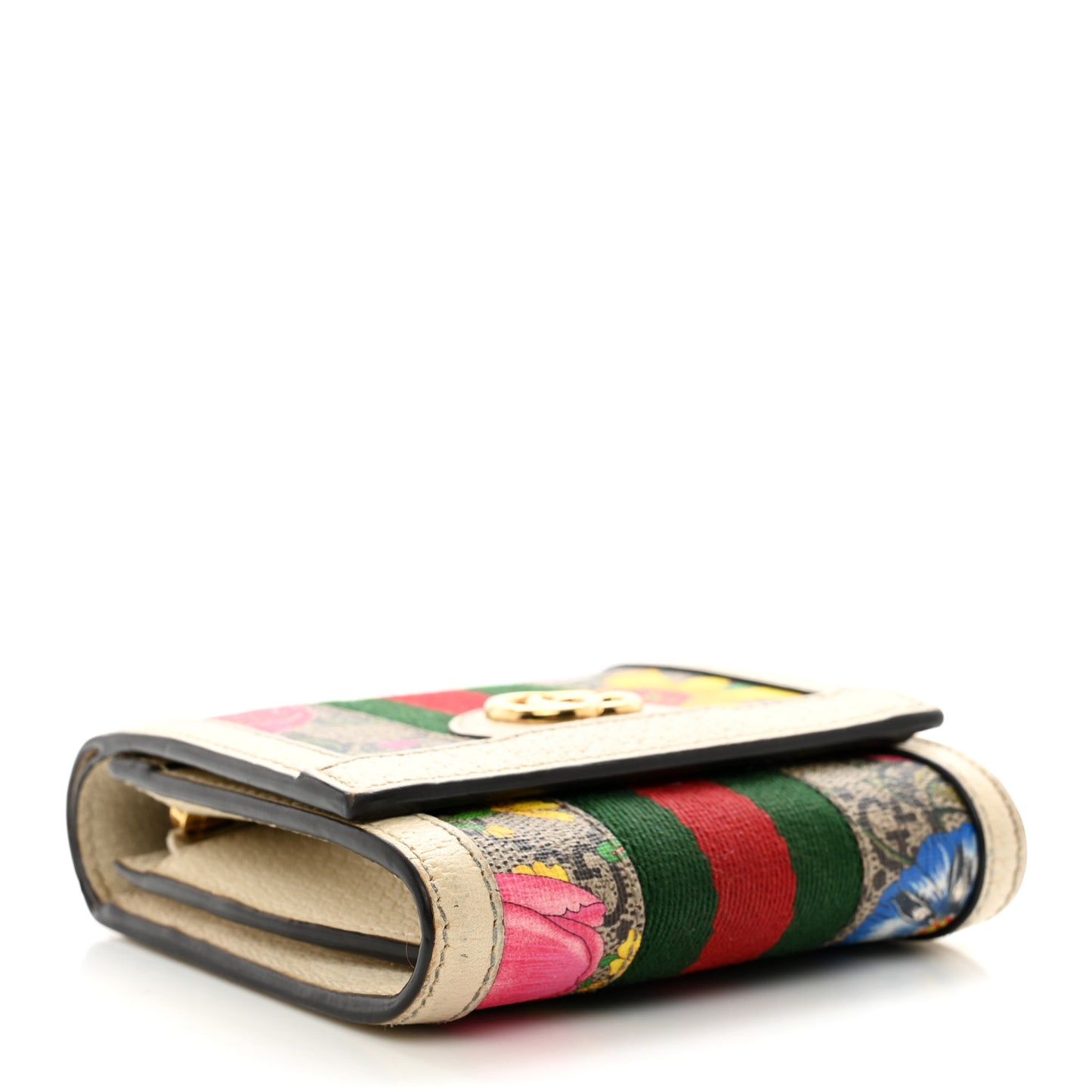 GG Supreme Monogram Flora Textured Calfskin Web Ophidia Card Case Wallet Beige Ebony Multicolor Mystic White