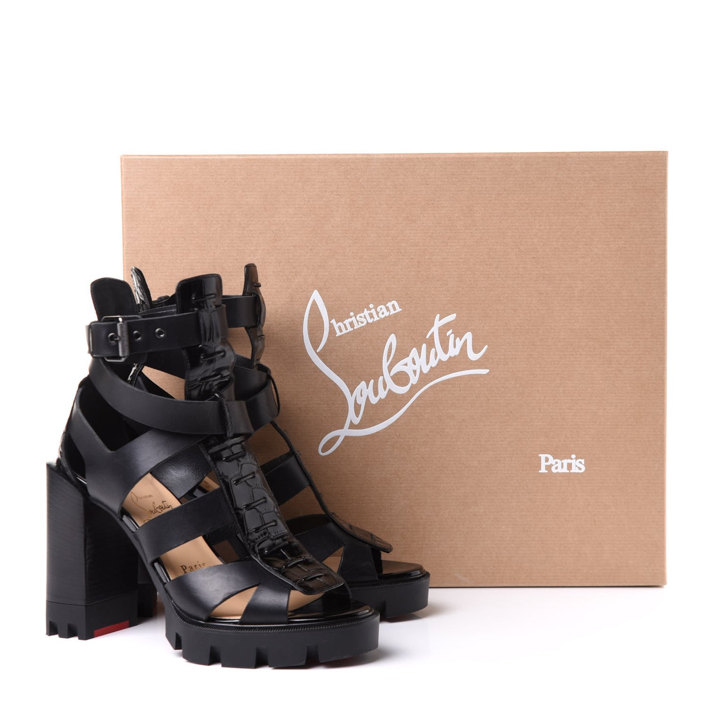 Calfskin Crocodile Embossed Platform Sandals 37.5 Black