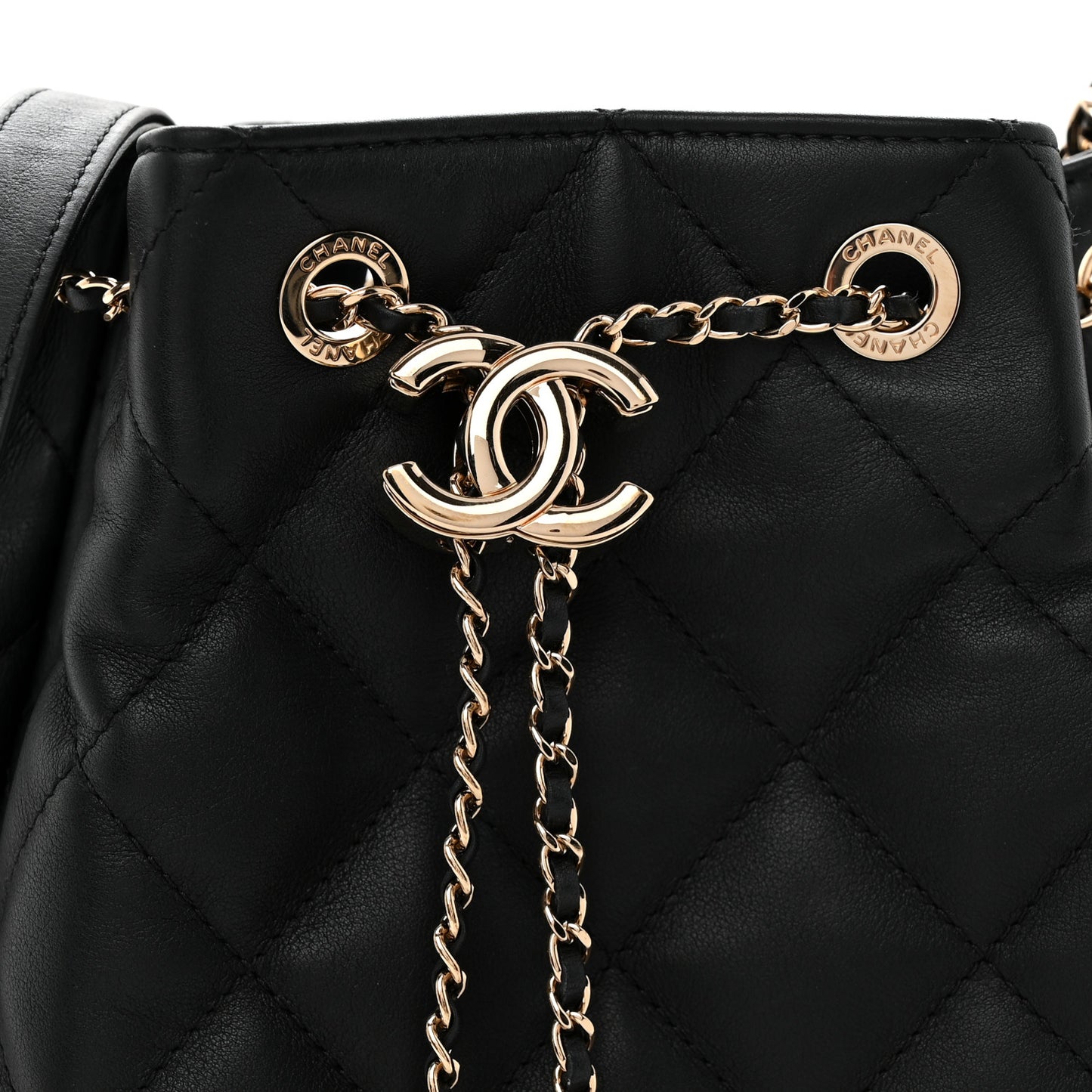 Goatskin Quilted Chain Drawstring Bag Black