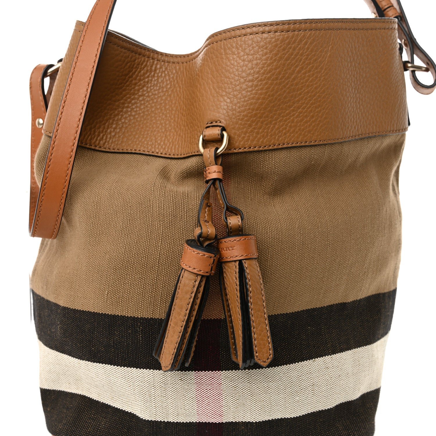 Burberry Grainy Calfskin Canvas Mega Check Medium Ashby Tassel Hobo Saddle Brown 7 of 9