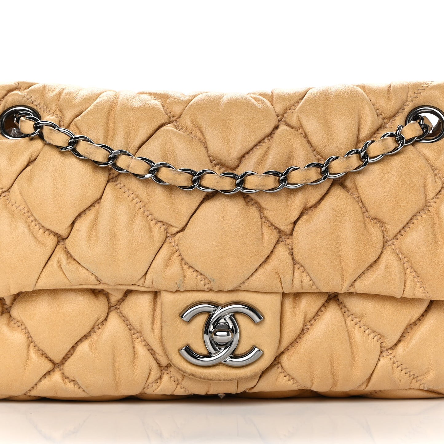 Calfskin Quilted Medium Bubble Quilt Flap Bag Beige