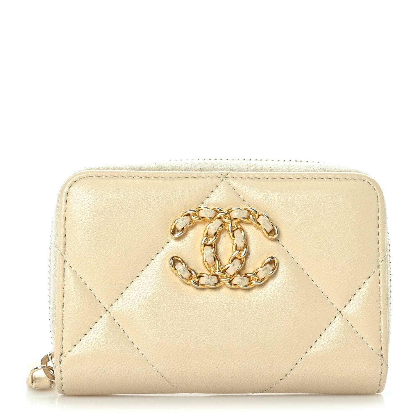 Lambskin Quilted 19 Zip Around Coin Purse Wallet Beige