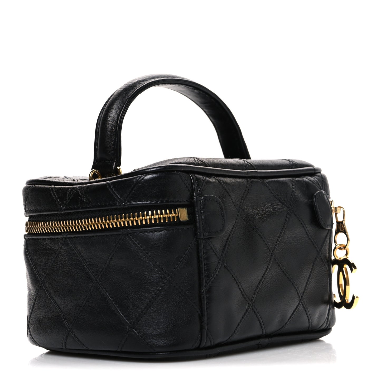 Lambskin Diamond Stitched Top Handle Vanity Case Black