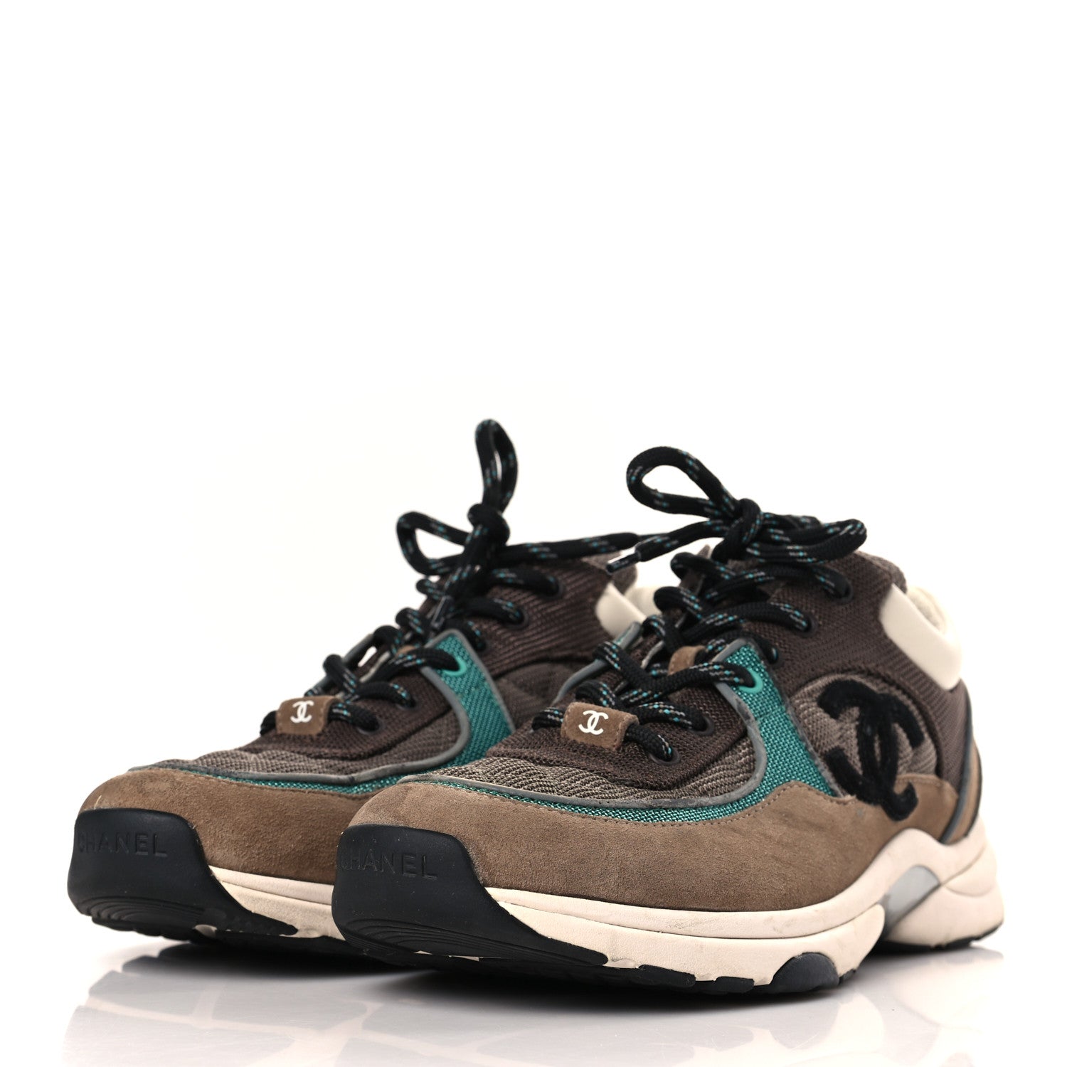 Chanel Nylon Calfskin Suede Womens CC Sneakers 40.5 Brown Green 3 of 12